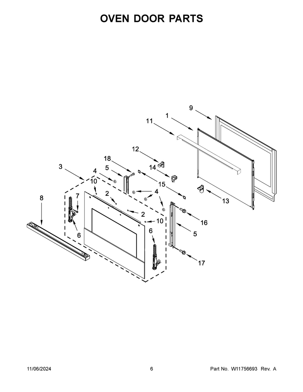 04 - Oven Door Parts Diagram and Parts List for JMW3430LM04  Whirlpool Microwave Oven Combo