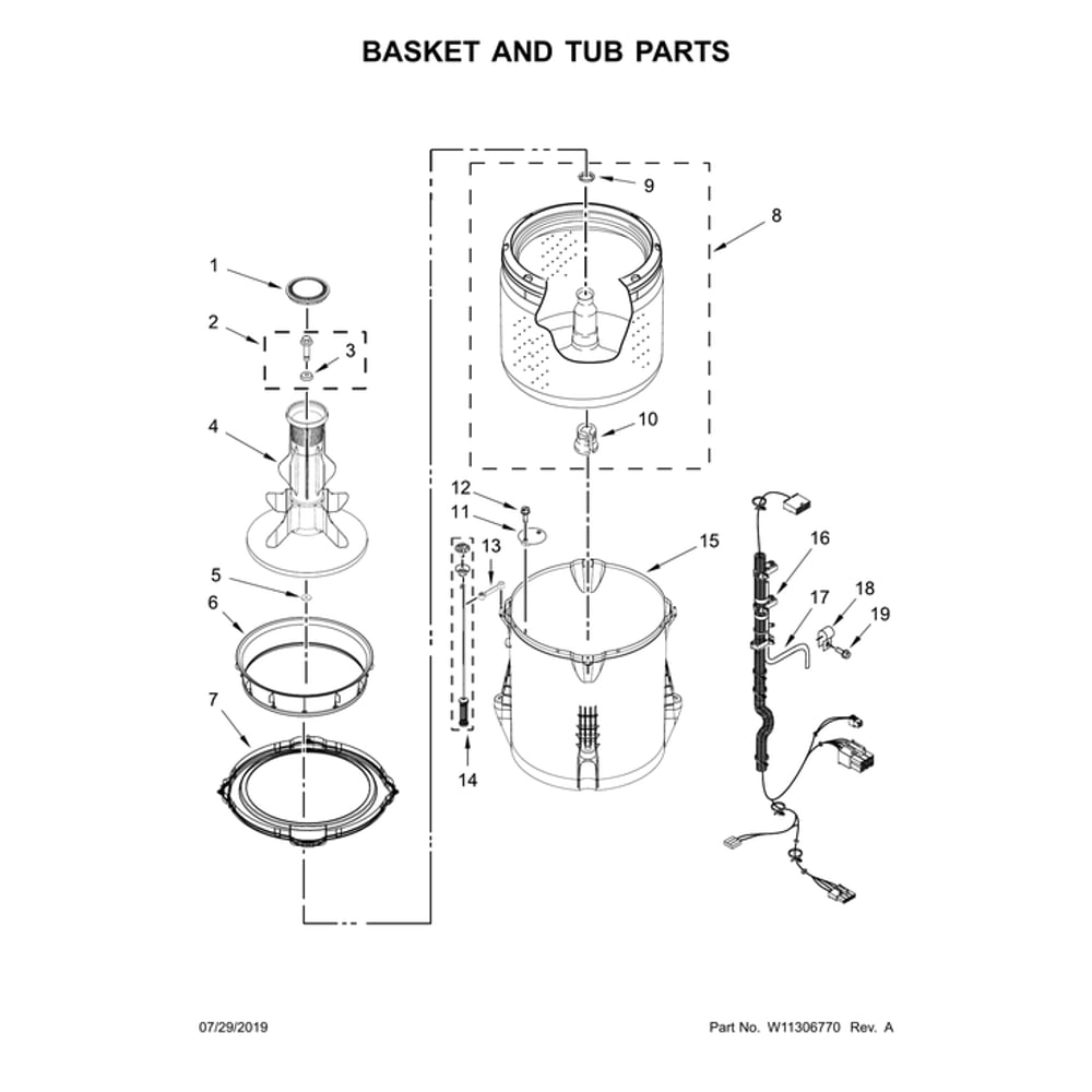 Basket & Tub Parts Diagram and Parts List for CAE2745FQ1  Whirlpool Washer