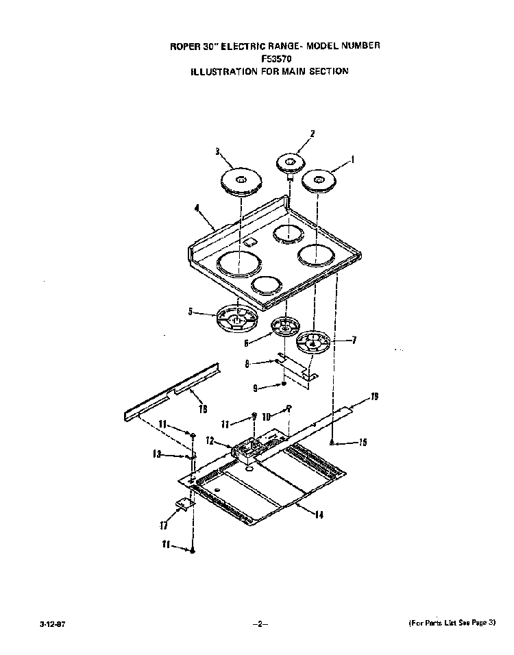 Main Top Diagram and Parts List for F5357*0  Roper Range