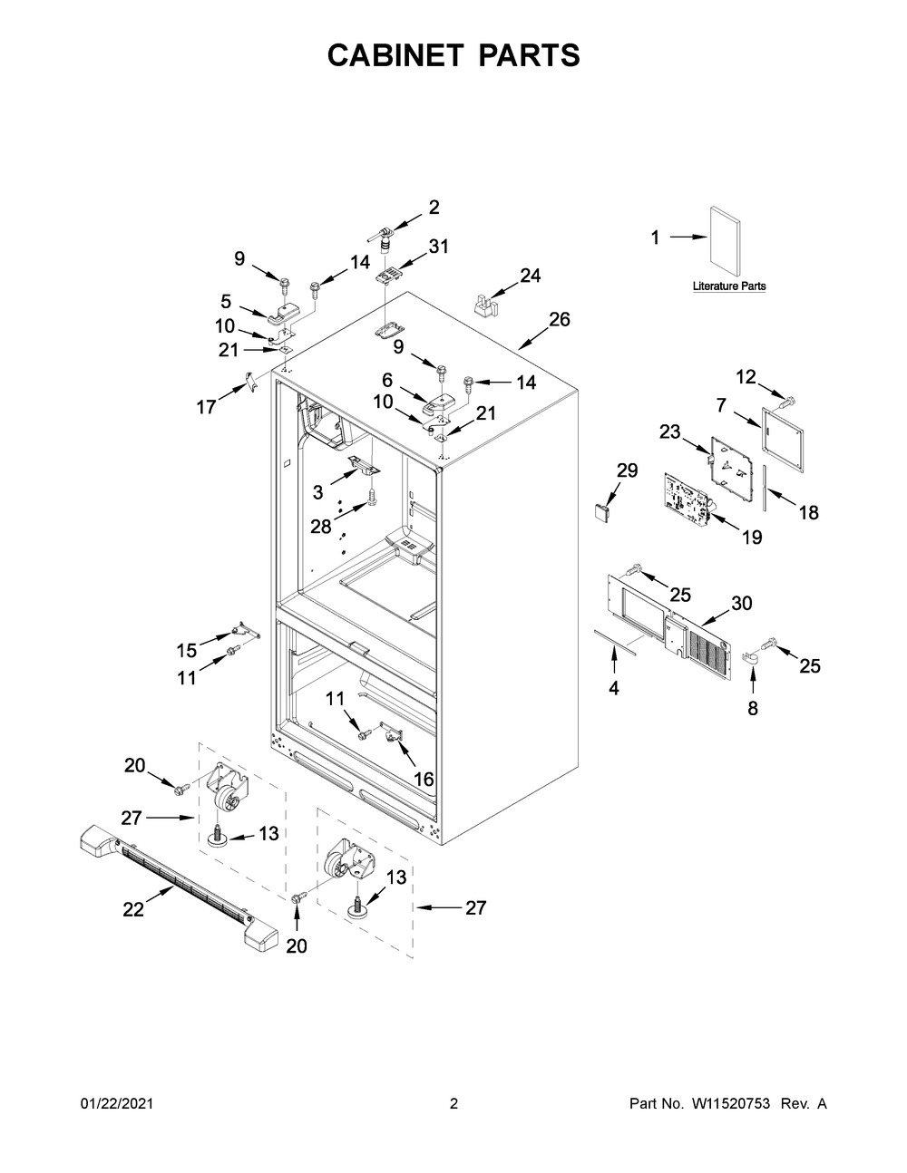 Cabinet Parts Diagram and Parts List for MFI2570FEZ09  Whirlpool Refrigerator