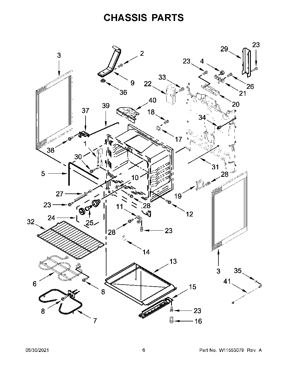 04 - Chassis Parts Diagram and Parts List for YWFE515S0JW1  Whirlpool Wall Oven