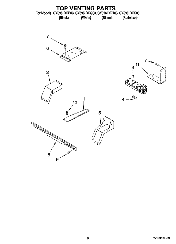 TOP VENTING Diagram and Parts List for GY396LXPB03  Whirlpool Range