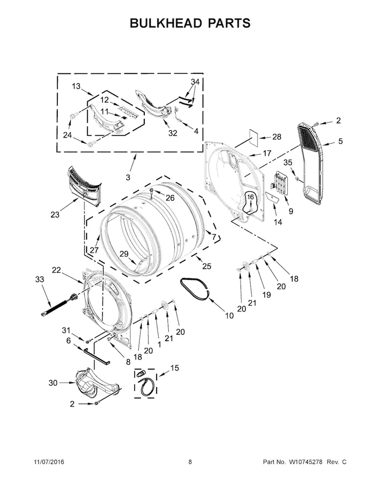 Bulkhead Parts Diagram and Parts List for WED99HEDC0  Whirlpool Dryer
