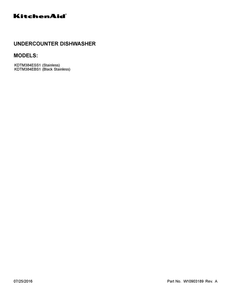 Cover Sheet Diagram and Parts List for KDTM384ESS1  KitchenAid Dishwasher