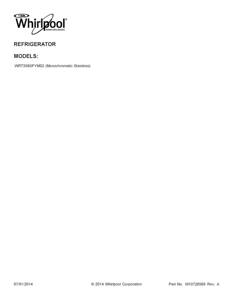 Cover Sheet Diagram and Parts List for WRT359SFYM02  Whirlpool Refrigerator