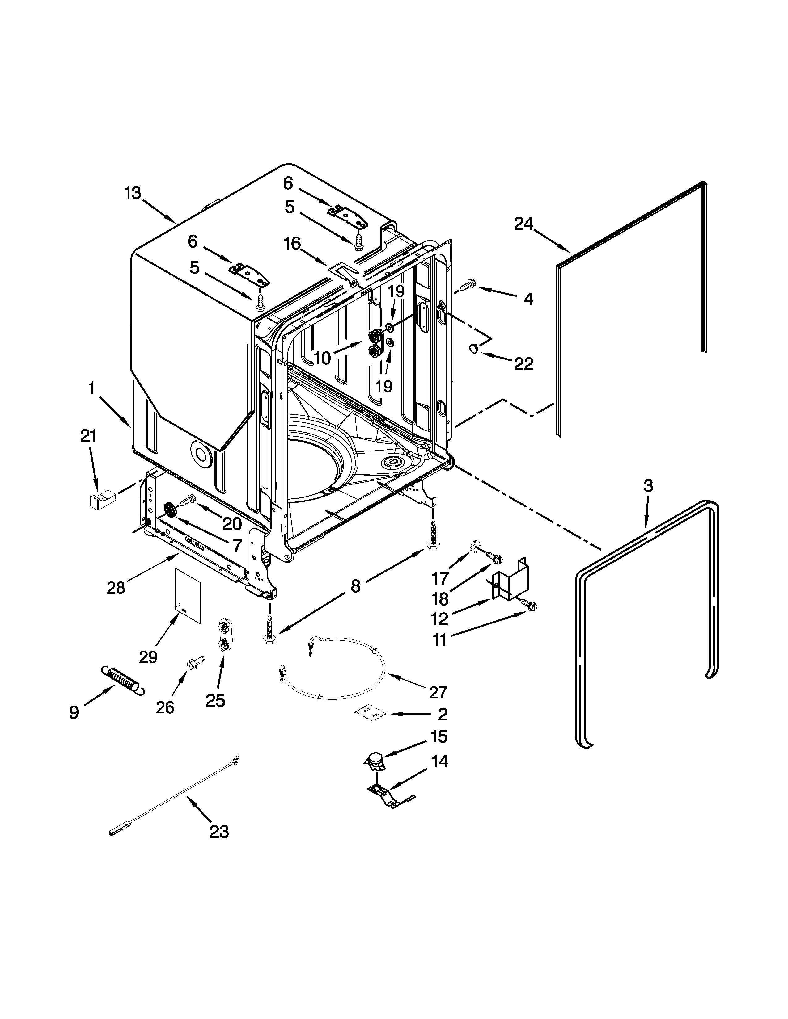Tub And Frame Parts Diagram and Parts List for 66513549N410  Kenmore Dishwasher