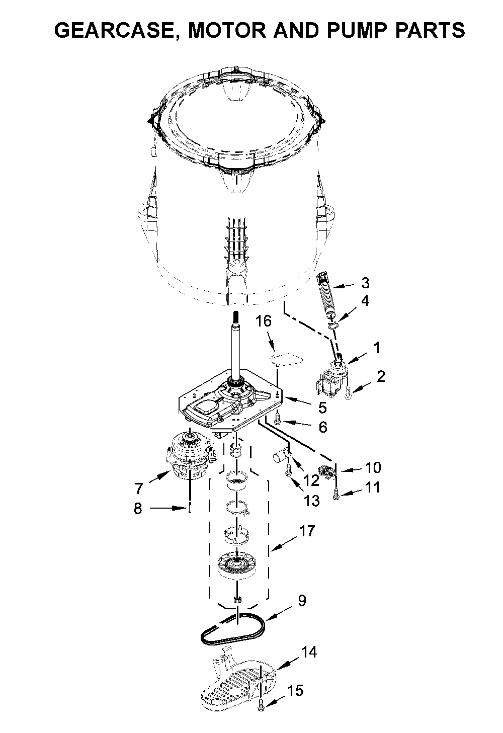 Gearcase, motor and pump parts Diagram and Parts List for 11022352512  Kenmore Washer