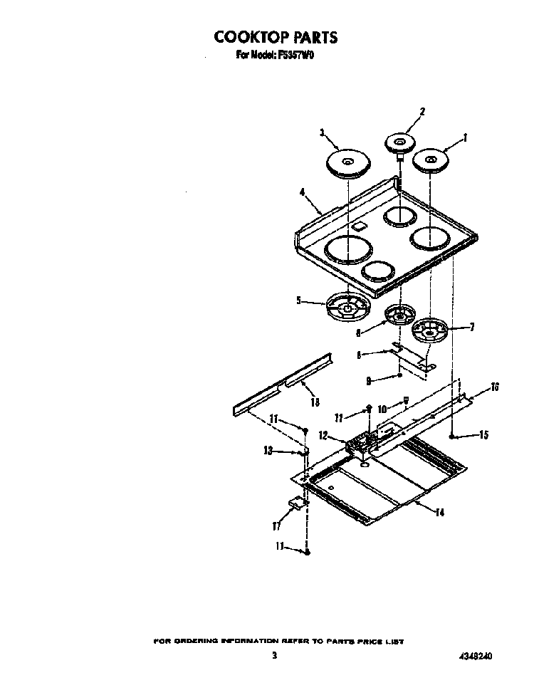 Cooktop Diagram and Parts List for F5357W0  Roper Range