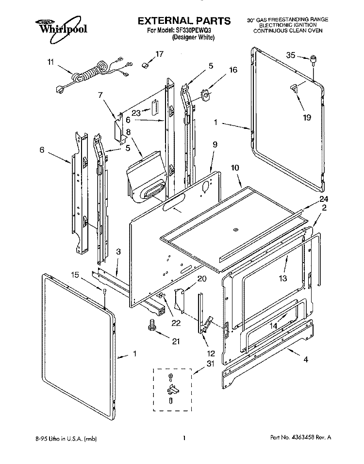 EXTERNAL Diagram and Parts List for SF330PEWQ3  Whirlpool Range