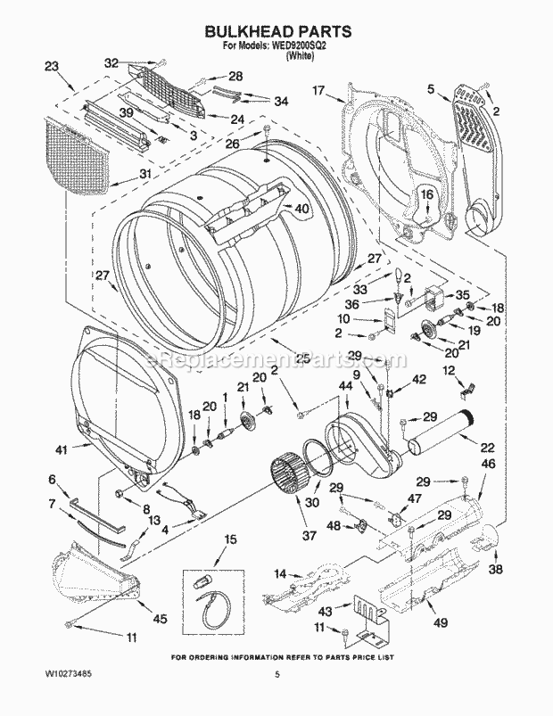 Bulkhead Parts Diagram and Parts List for WED9200SQ2  Whirlpool Dryer