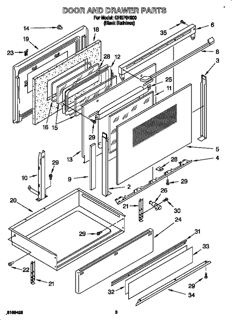 Door And Drawer Diagram and Parts List for GHSP84900  Whirlpool Range