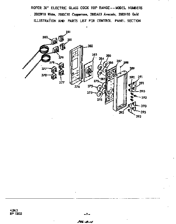 Control Panel Diagram and Parts List for 2883*10  Roper Range