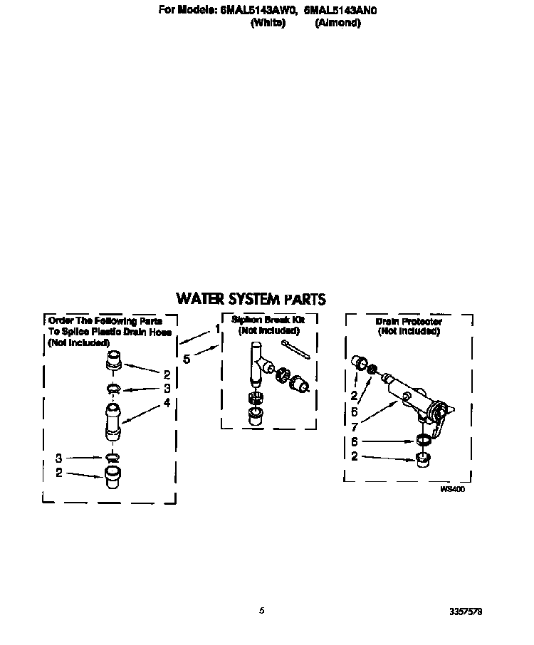 Water System Diagram and Parts List for 6MAL5143AW0  Whirlpool Washer