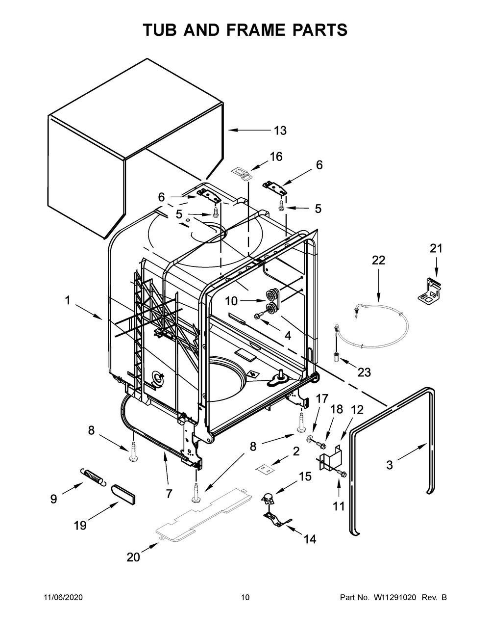 Tub And Frame Parts Diagram and Parts List for WDF330PAHB3  Whirlpool Dishwasher