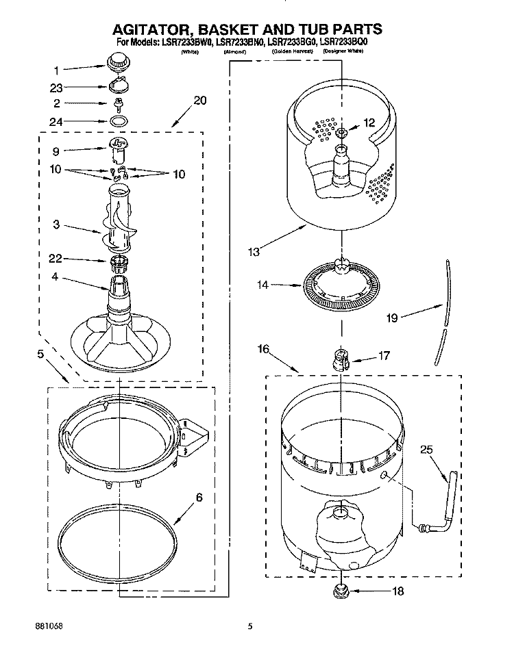 AGITATOR, BASKET AND TUB Diagram and Parts List for LSR7233BQ0  Whirlpool Washer