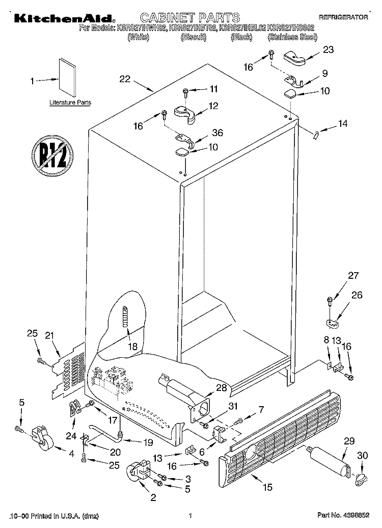CABINET, LITERATURE Diagram and Parts List for KSRS27IHWH02  KitchenAid Refrigerator