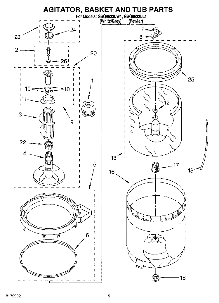 AGITATOR, BASKET AND TUB PARTS Diagram and Parts List for GSQ9633LL1  Whirlpool Washer