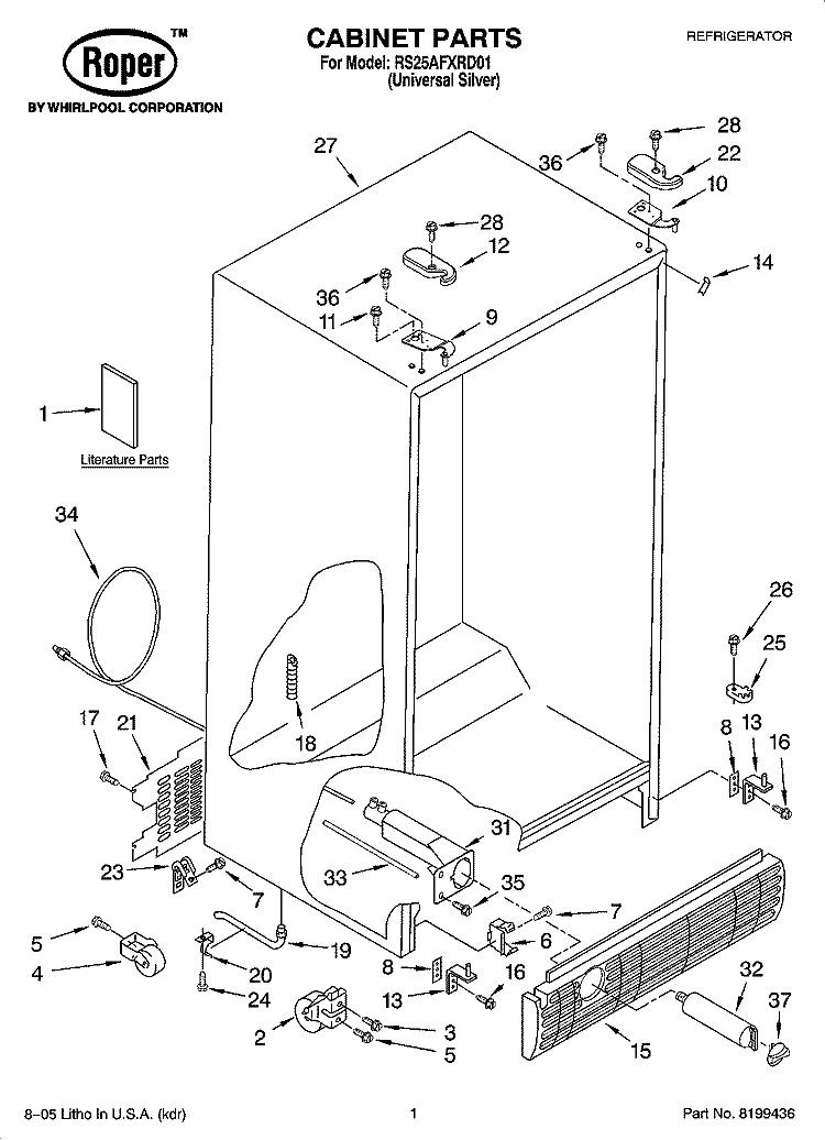 CABINET PARTS Diagram and Parts List for RS25AFXRD01  Roper Refrigerator