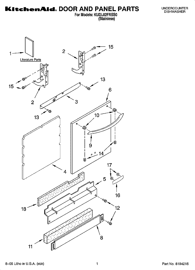 DOOR AND PANEL PARTS Diagram and Parts List for KUDL02FRSS0  KitchenAid Dishwasher