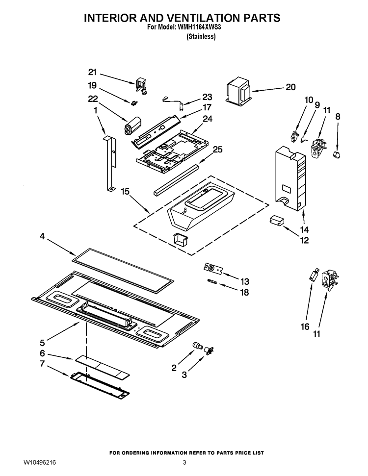 INTERIOR AND VENTILATION PARTS Diagram and Parts List for WMH1164XWS3  Whirlpool Microwave