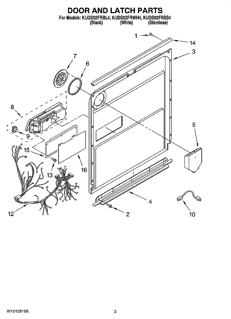 DOOR AND LATCH PARTS Diagram and Parts List for KUDS02FRWH4  KitchenAid Dishwasher