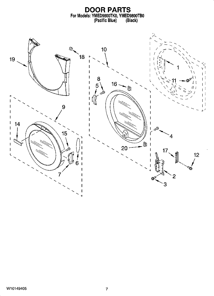 DOOR PARTS, OPTIONAL PARTS (NOT INCLUDED) Diagram and Parts List for YMED9800TB0  Maytag Dryer