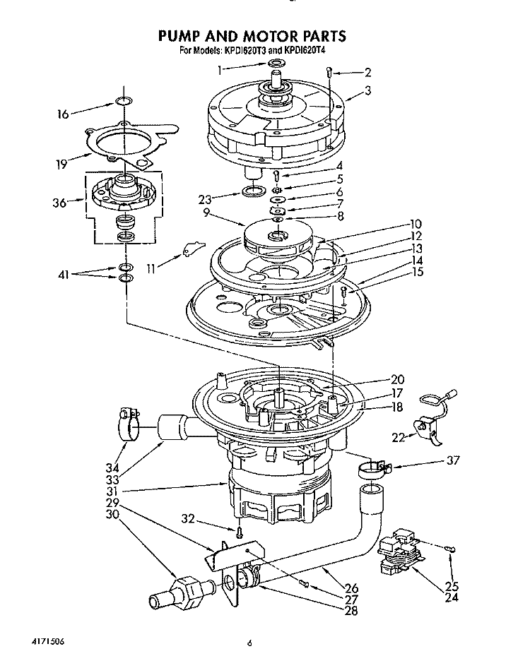 PUMP AND MOTOR Diagram and Parts List for KPDI620T3  KitchenAid Dishwasher