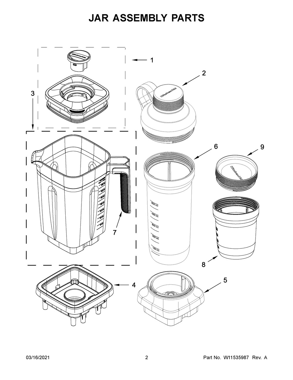 Jar Assembly Parts Diagram and Parts List for KSB4043YPA0  Whirlpool Blender