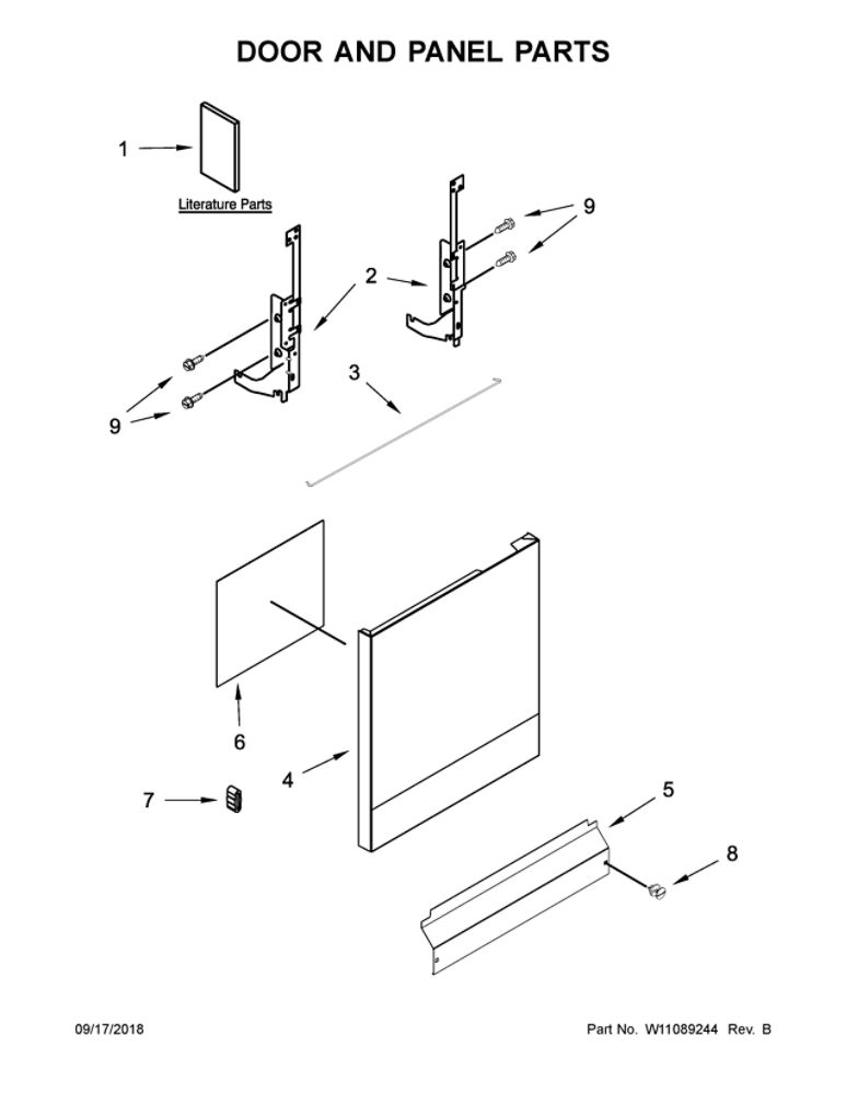 Door And Panel Parts Diagram and Parts List for WDF130PAHS0  Whirlpool Dishwasher
