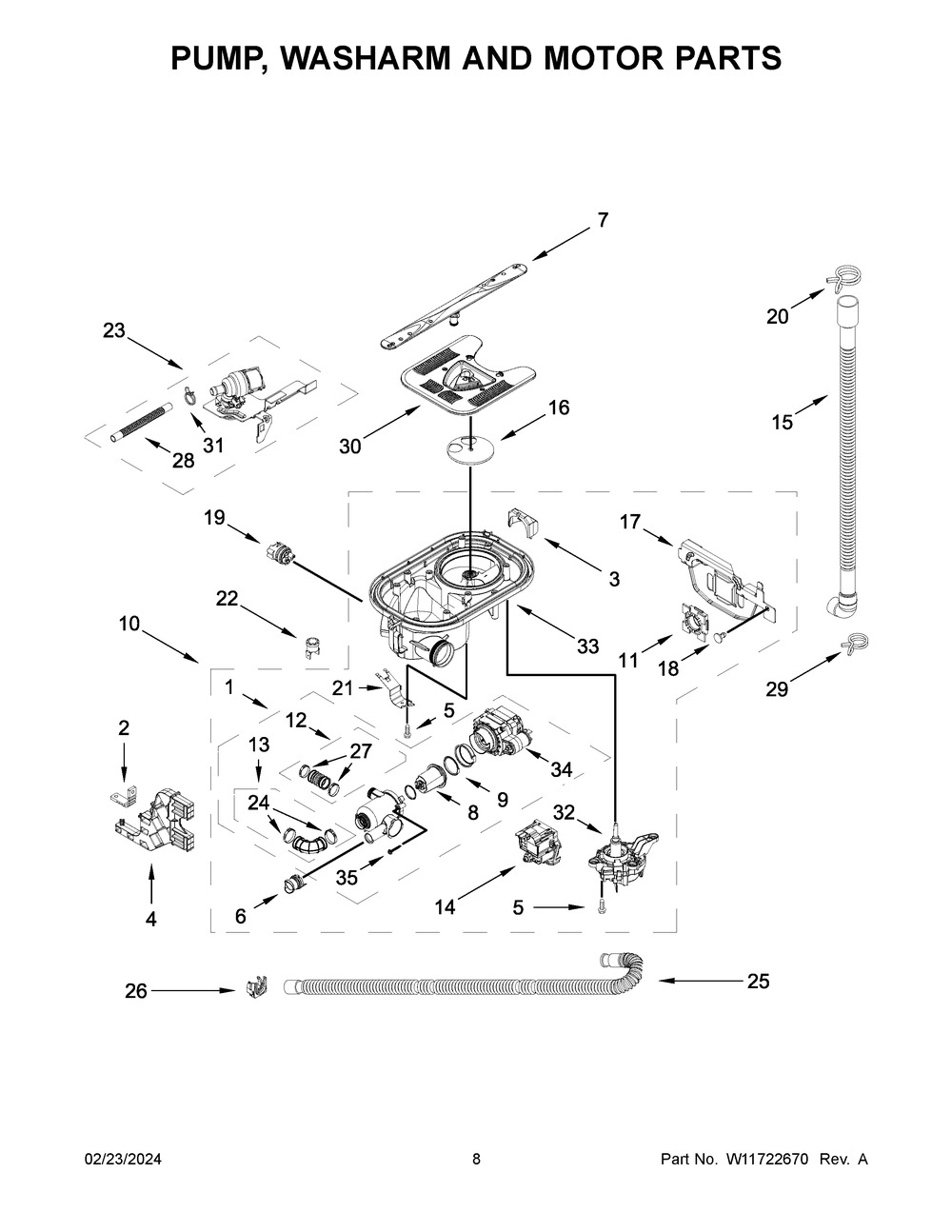 Pump, Washarm And Motor Parts Diagram and Parts List for KDFM404KPS3  KitchenAid Dishwasher