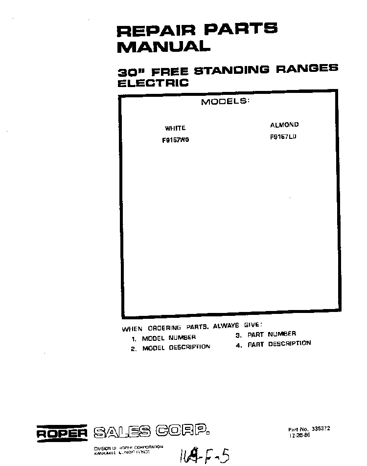 Front Cover Diagram and Parts List for F9157*0  Roper Range