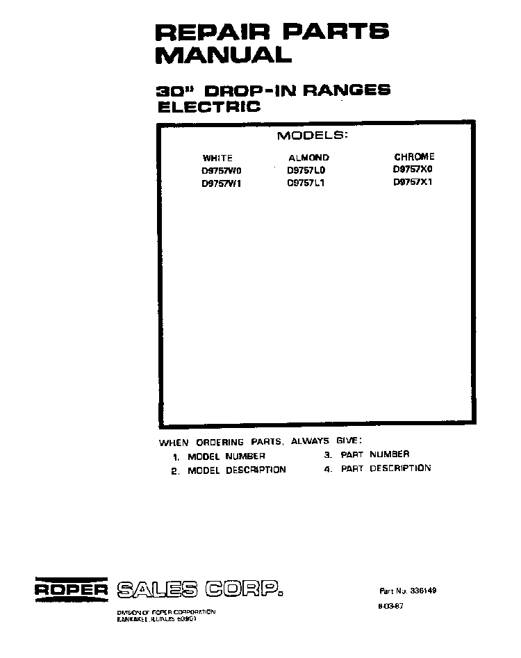 Front Cover Diagram and Parts List for D9757W0  Roper Range