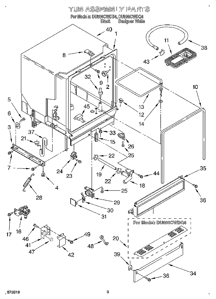 TUB ASSEMBLY Diagram and Parts List for DU800CWDQ4  Whirlpool Dishwasher