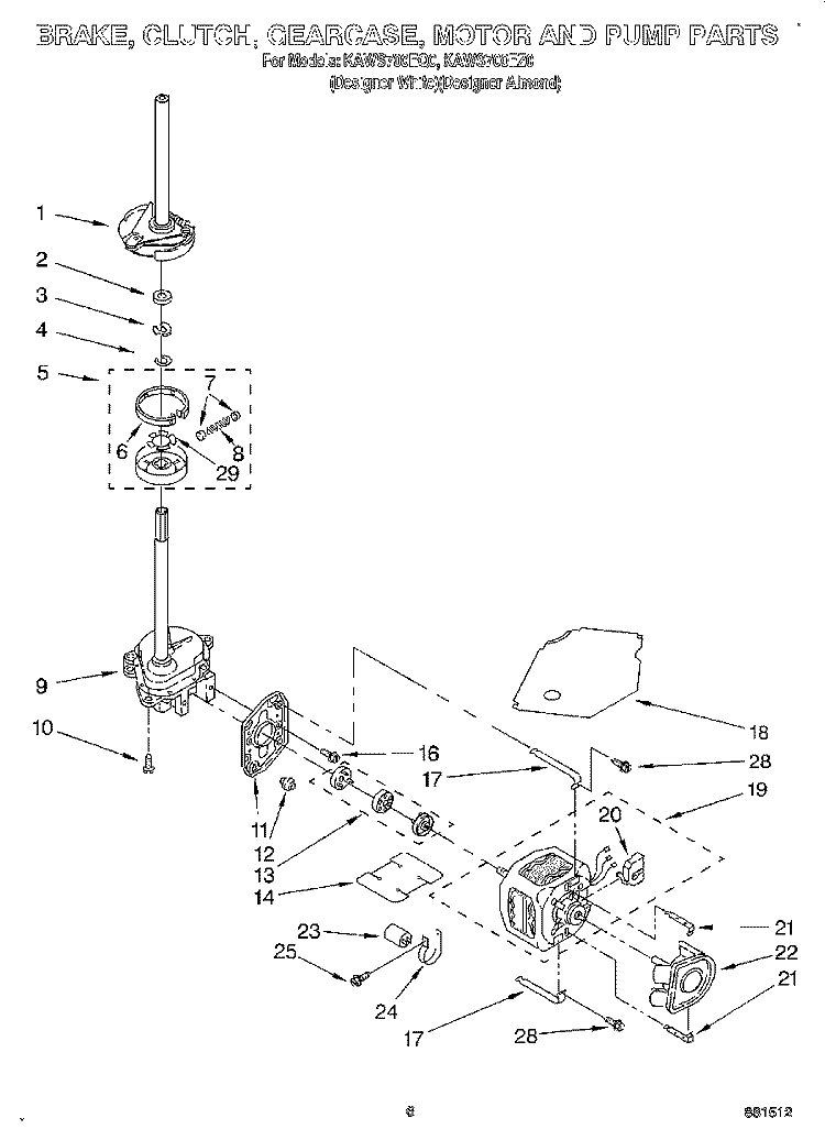 BRAKE, CLUTCH, GEARCASE, MOTOR AND PUMP Diagram and Parts List for KAWS700EQ0  KitchenAid Washer