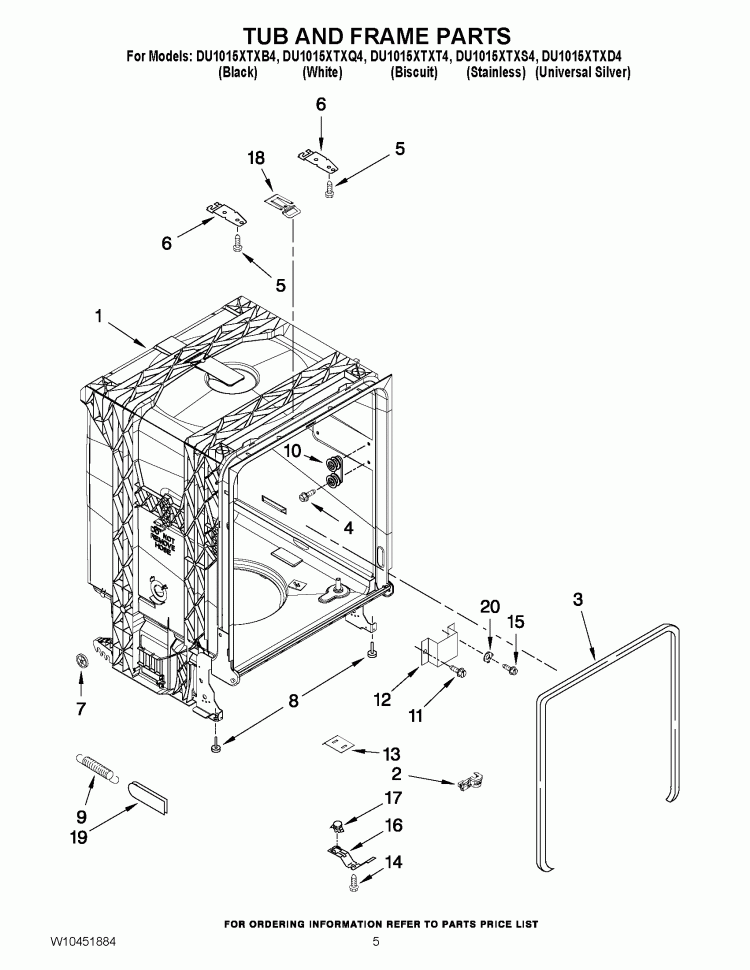 TUB AND FRAME PARTS Diagram and Parts List for DU1015XTXB4  Whirlpool Dishwasher