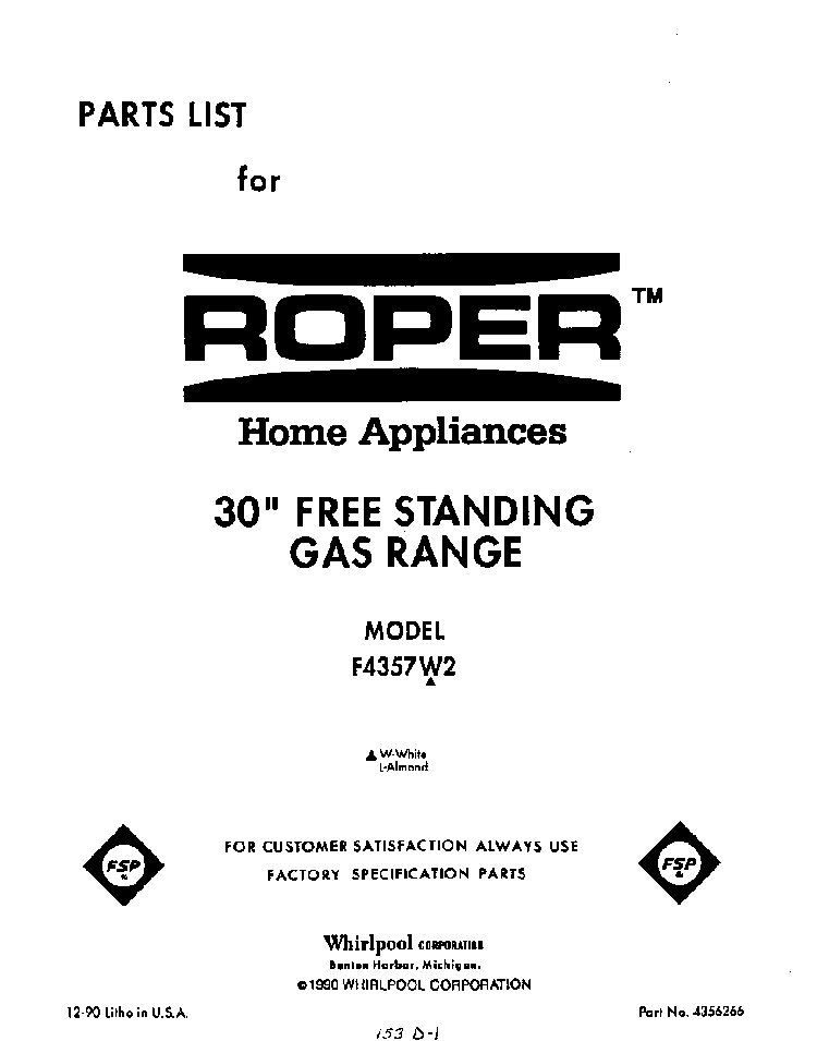 Front Cover Diagram and Parts List for F4357*2  Roper Range
