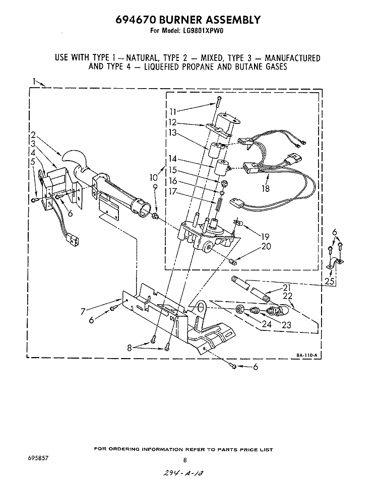 694670 BURNER Diagram and Parts List for LG9801XPW0  Whirlpool Dryer