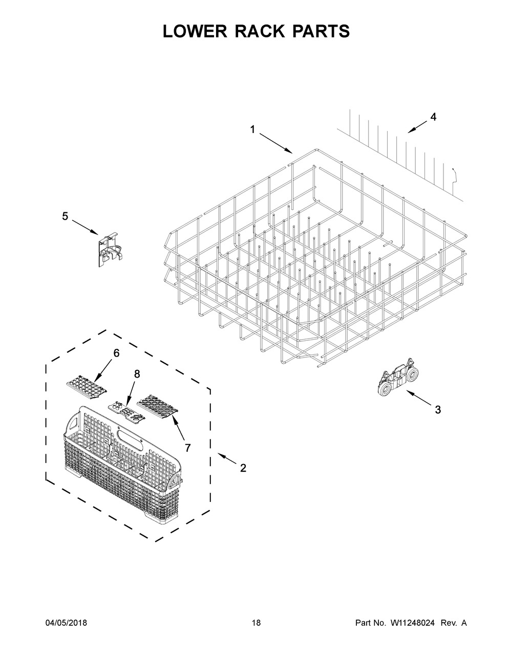 Lower Rack Parts Diagram and Parts List for IDT870SAGX0  Whirlpool Dishwasher