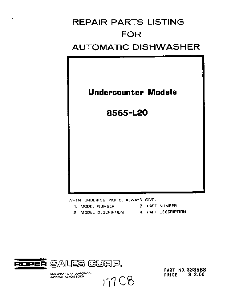 Front Cover Diagram and Parts List for 8565L20  Roper Dishwasher