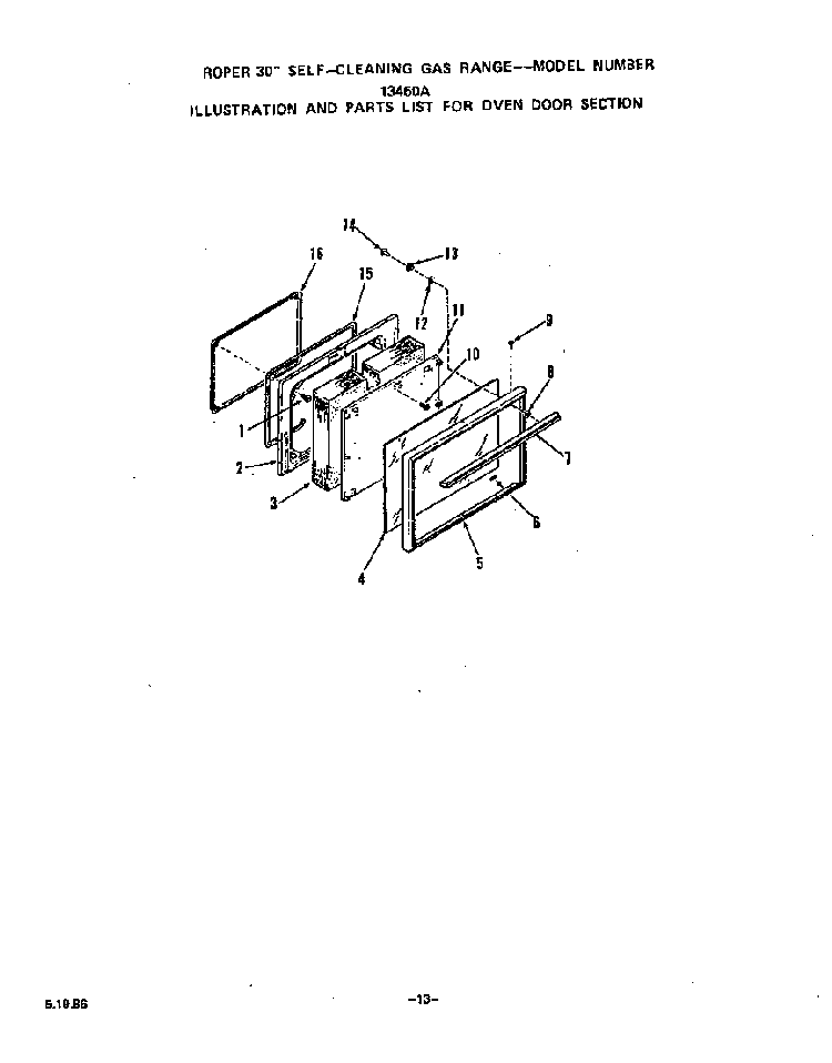 Oven Door Diagram and Parts List for 1346*0A  Roper Range