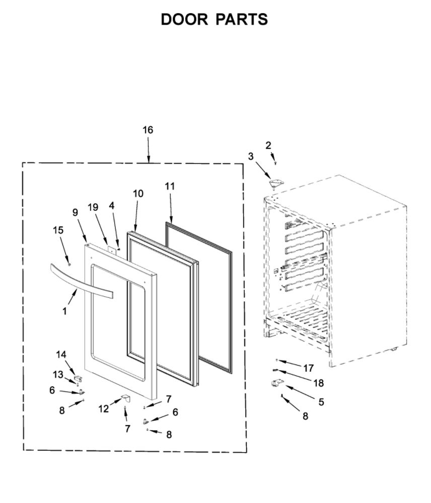 Door Parts Diagram and Parts List for WUB50X24HV01  Whirlpool Wine and Beverage Cooler