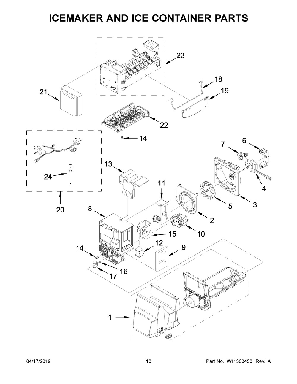 Icemaker And Ice Container Parts Diagram and Parts List for WRF555SDHB01  Whirlpool Refrigerator