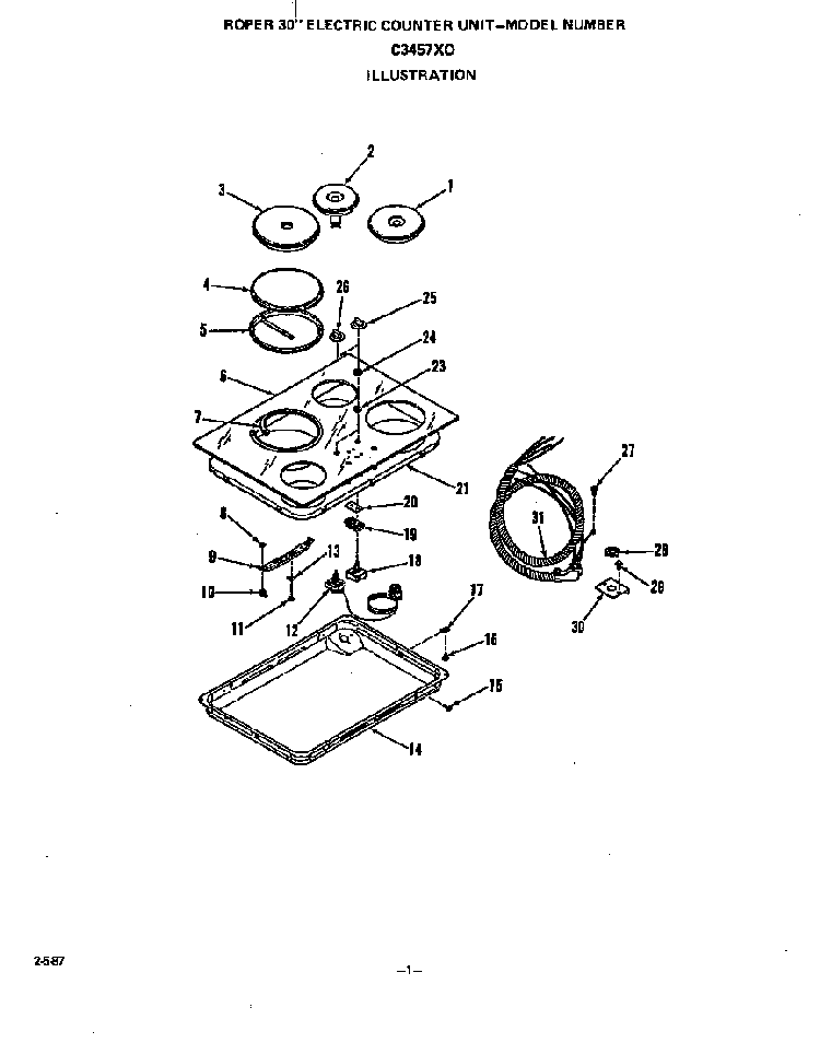 Cooktop Diagram and Parts List for C3457*0  Roper Range