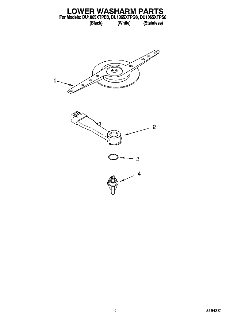 LOWER WASHARM PARTS Diagram and Parts List for DU1065XTPB0  Whirlpool Dishwasher