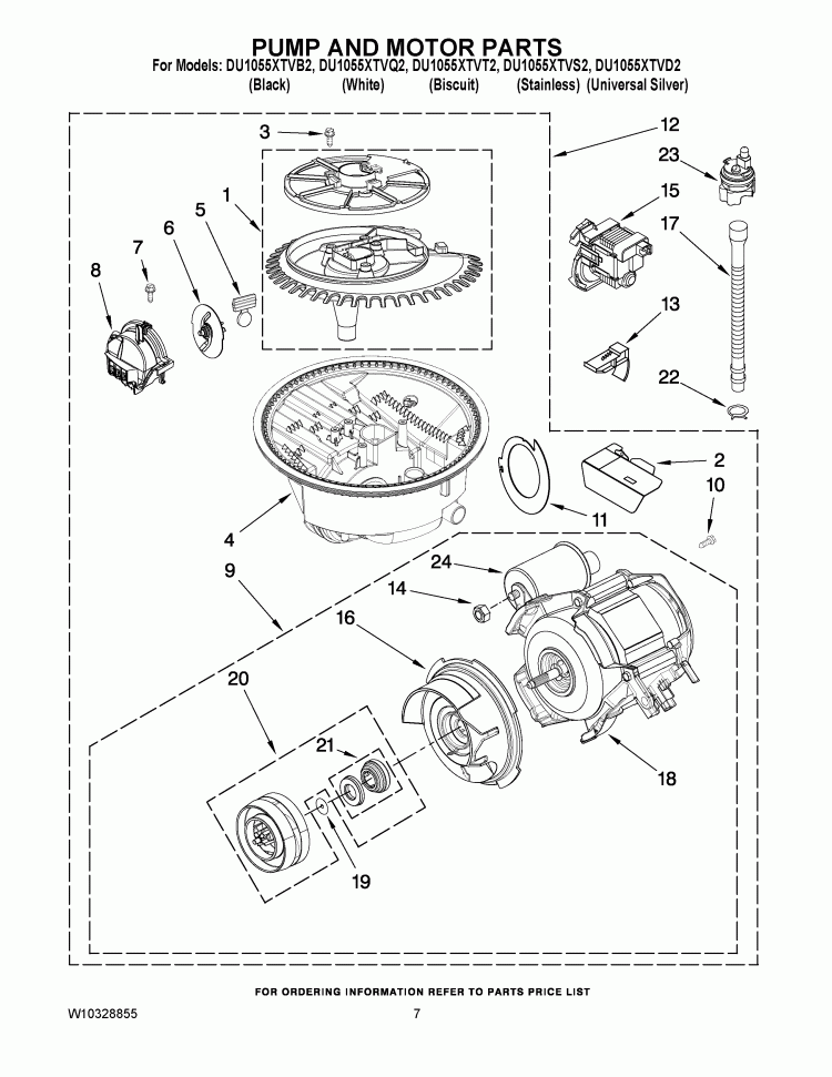 PUMP AND MOTOR PARTS Diagram and Parts List for DU1055XTVB2  Whirlpool Dishwasher