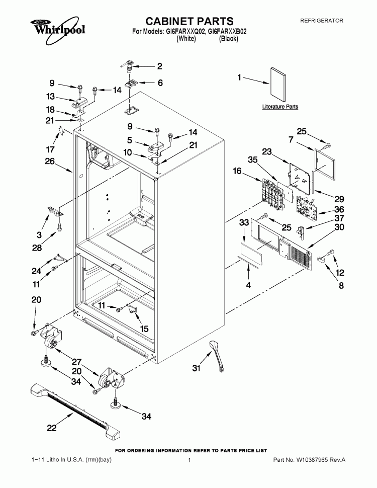 CABINET PARTS Diagram and Parts List for GI6FARXXB02  Whirlpool Refrigerator