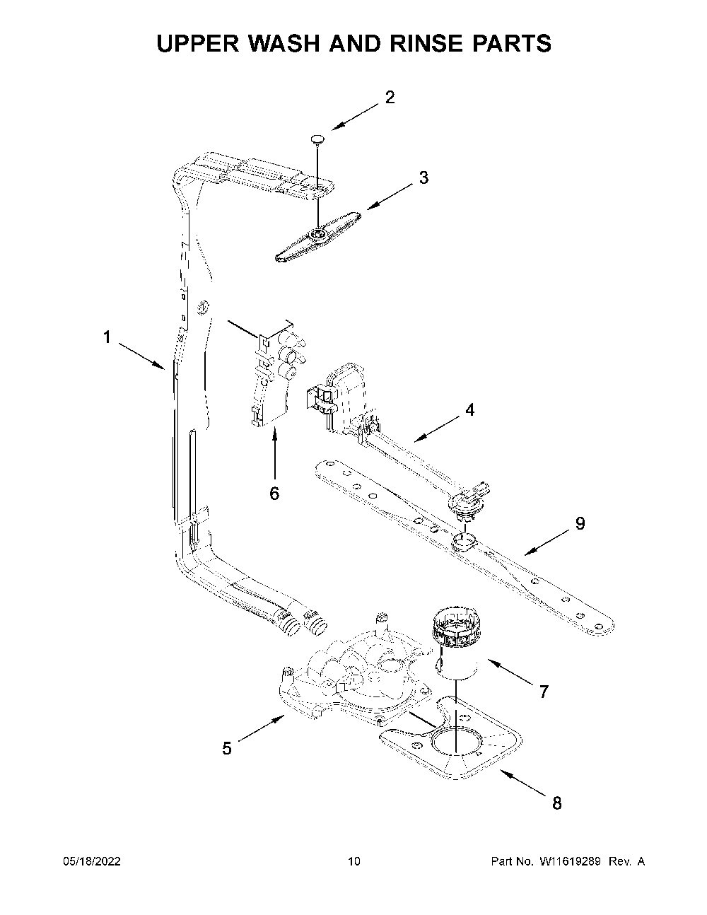 Upper Wash And Rinse Parts Diagram and Parts List for KDTE104KPS1  KitchenAid Dishwasher