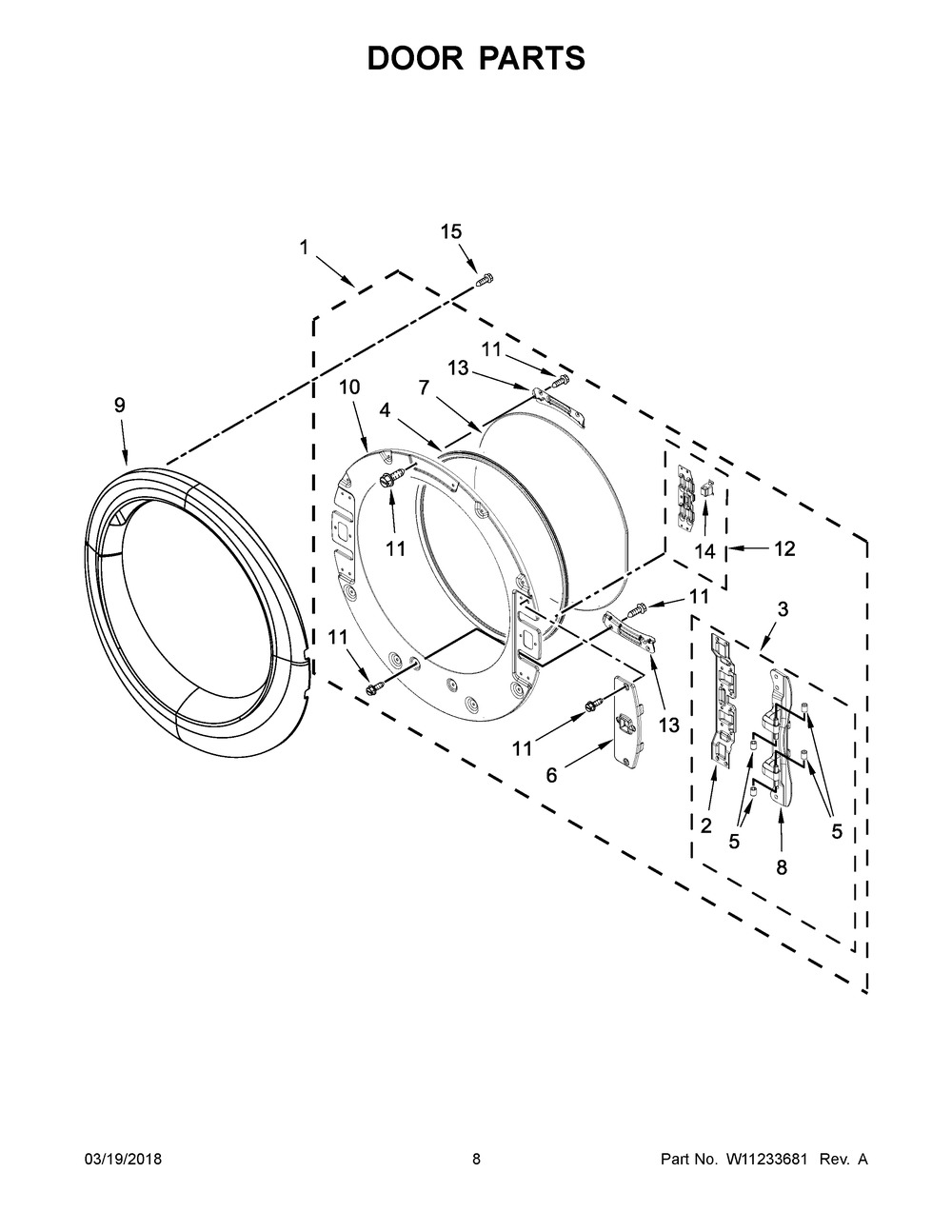 Door Parts Diagram and Parts List for WED90HEFC2  Whirlpool Dryer