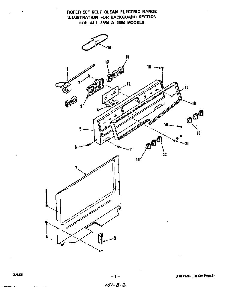 Backguard Diagram and Parts List for 2364*1A  Roper Range