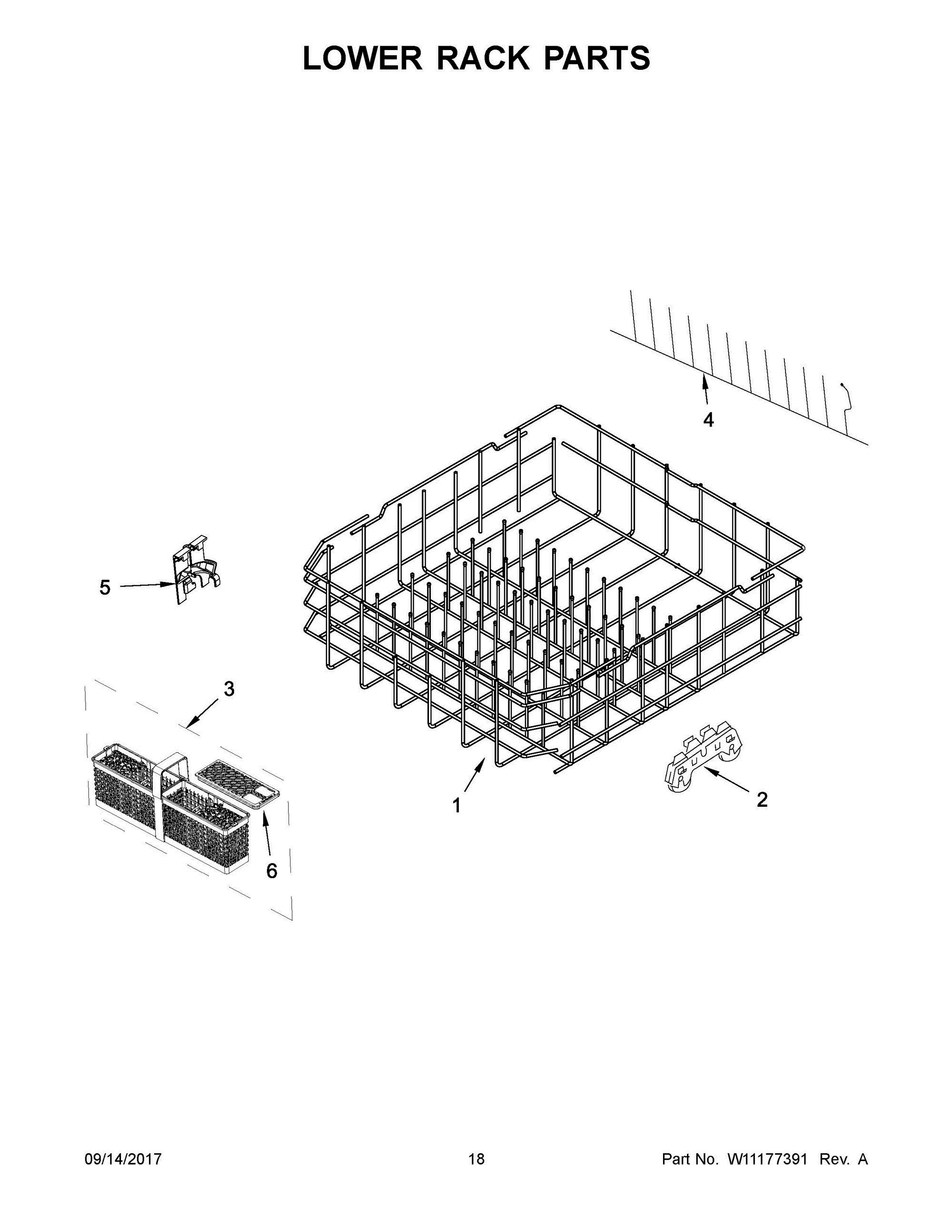 10 - LOWER RACK PARTS Diagram and Parts List for KDFE454CSS5  Whirlpool Dishwasher